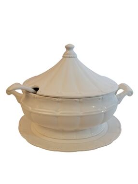 Japan Large Soup Tureen + Serving Dish Platter + Spoon in Porcelain Milk White
